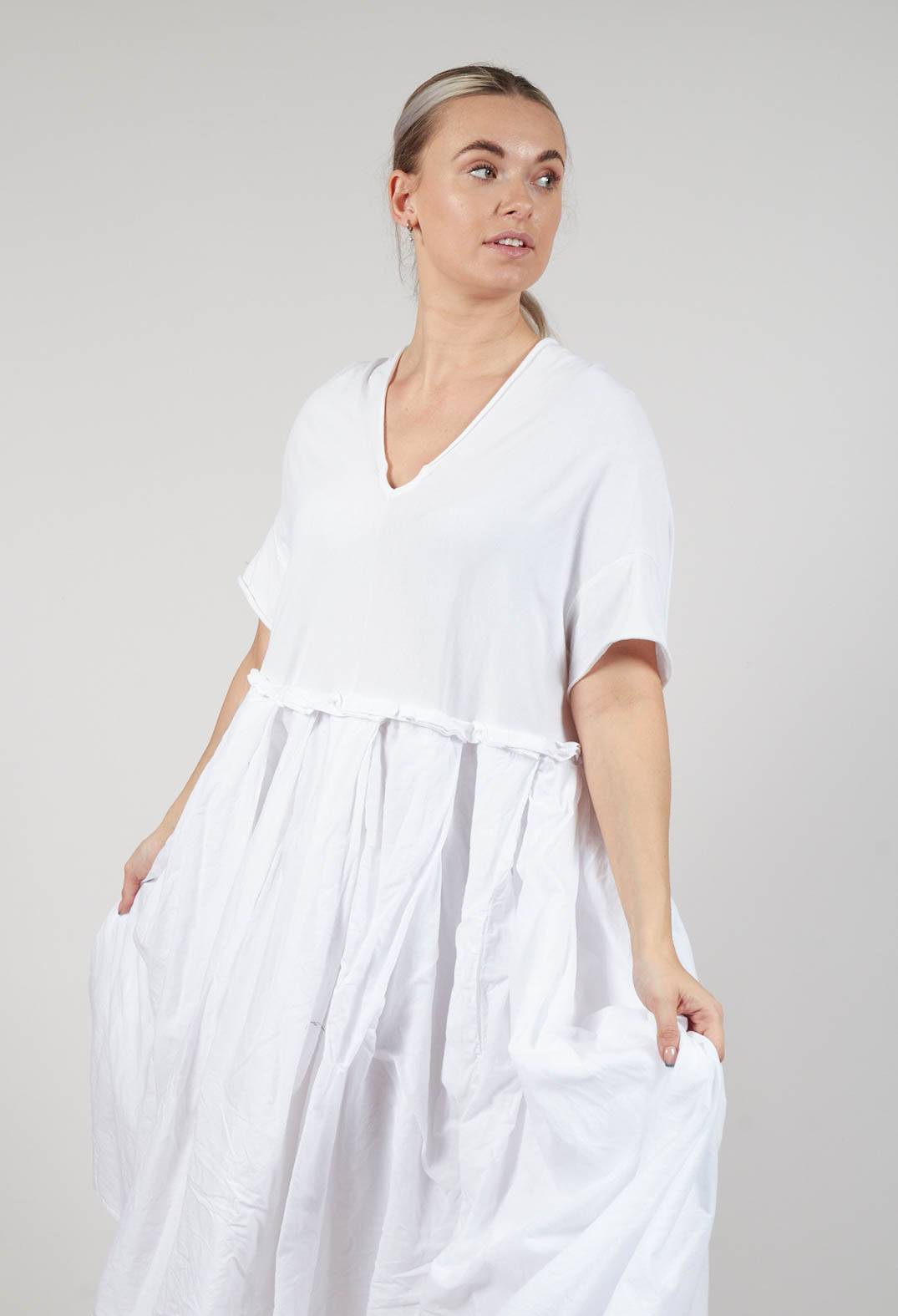 Pleated Midi Dress with Lettuce Hem Detail in Semi Bleach