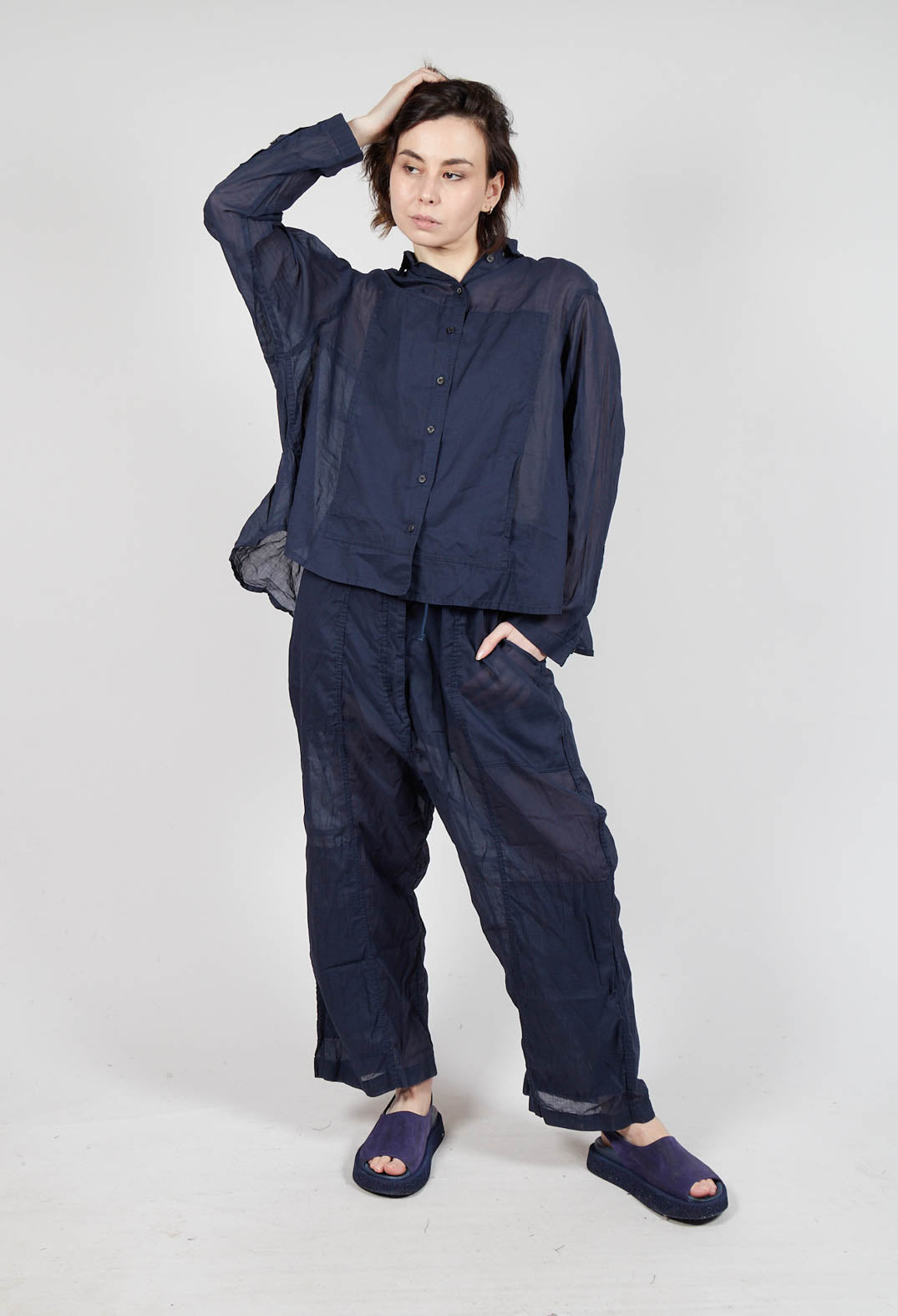 Cotton Drop-Crotch Trousers with Pull String Waist in Ink Paper