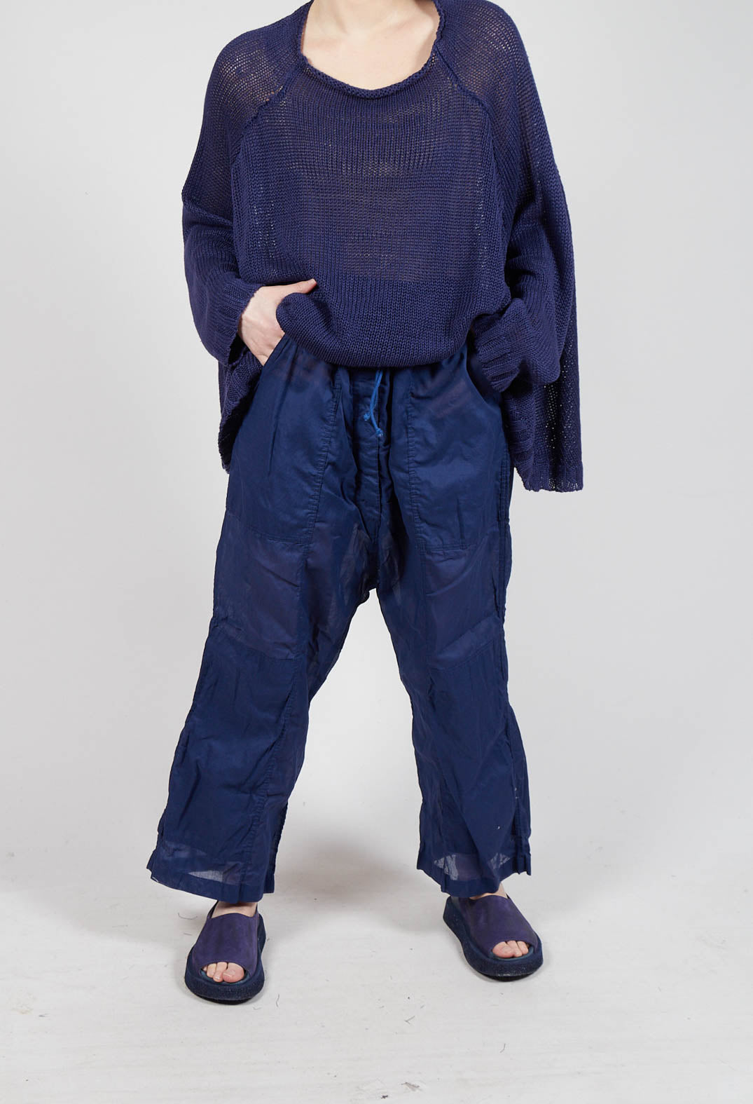 Cotton Drop-Crotch Trousers with Pull String Waist in Ocean Paper