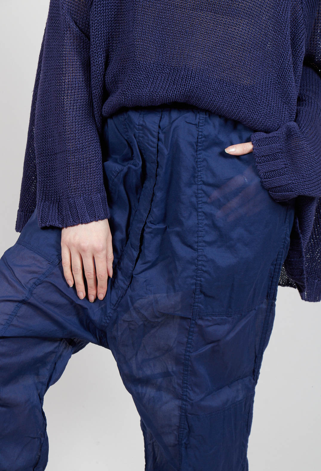 Cotton Drop-Crotch Trousers with Pull String Waist in Ocean Paper