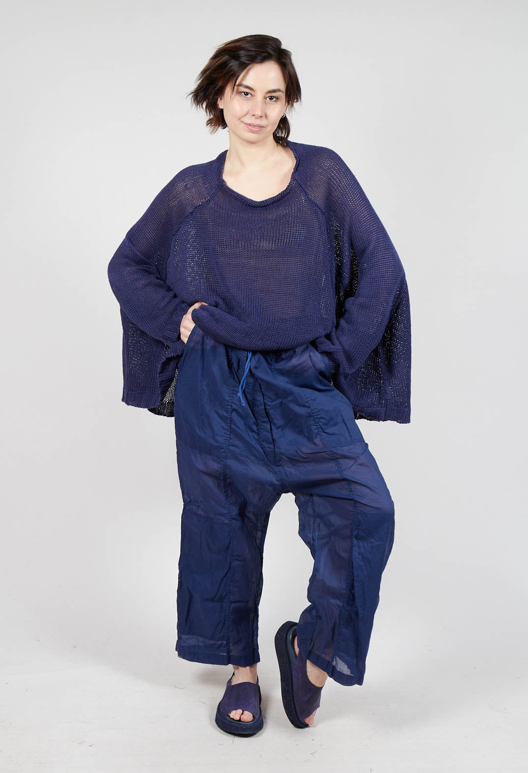 Cotton Drop-Crotch Trousers with Pull String Waist in Ocean Paper