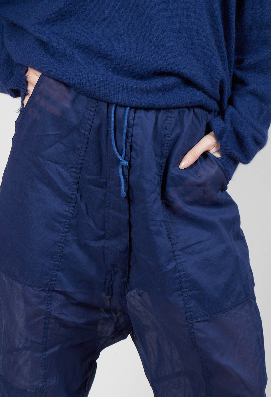 Cropped Sheer Crinkled Trousers in Ocean Paper