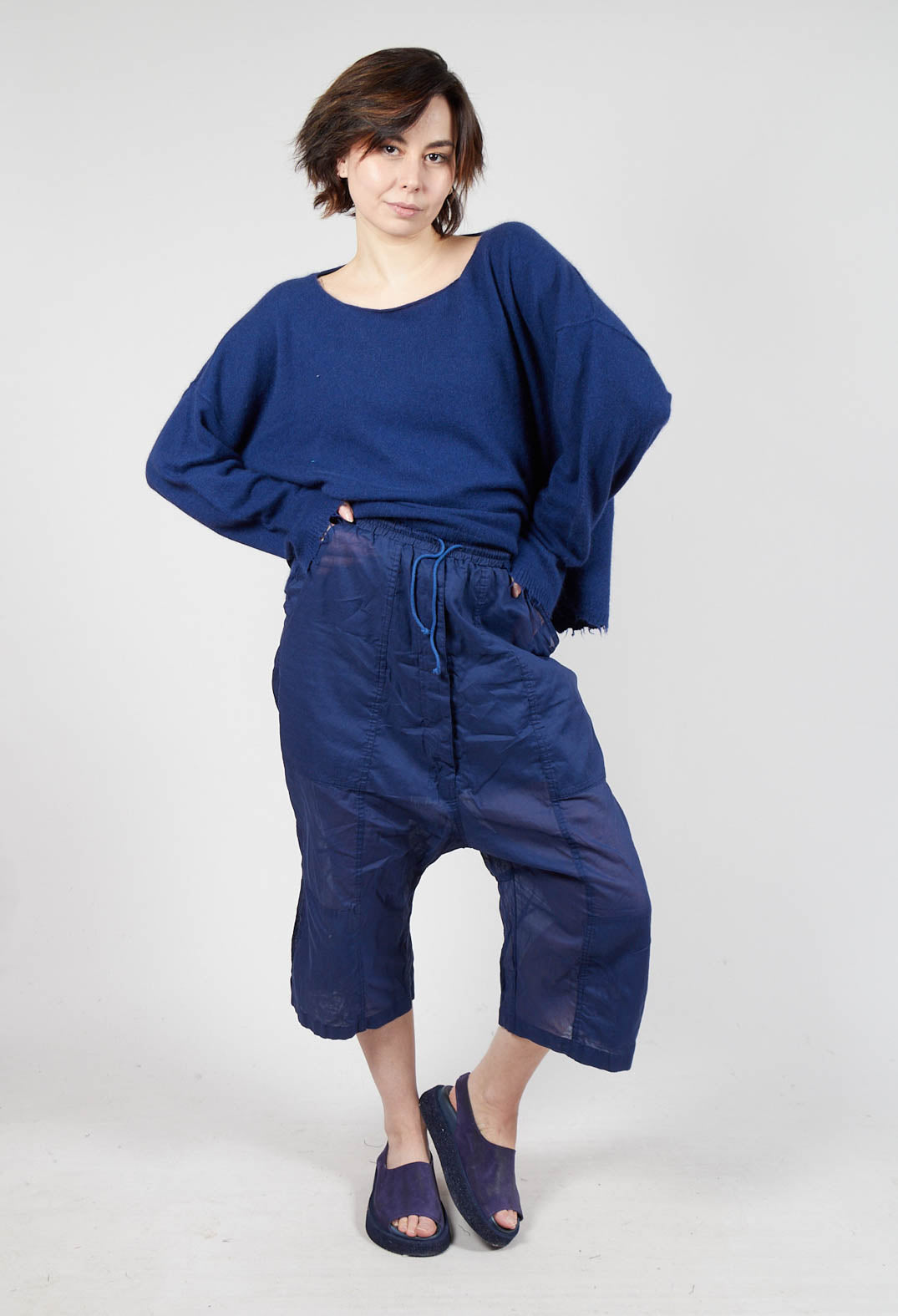 Cropped Sheer Crinkled Trousers in Ocean Paper