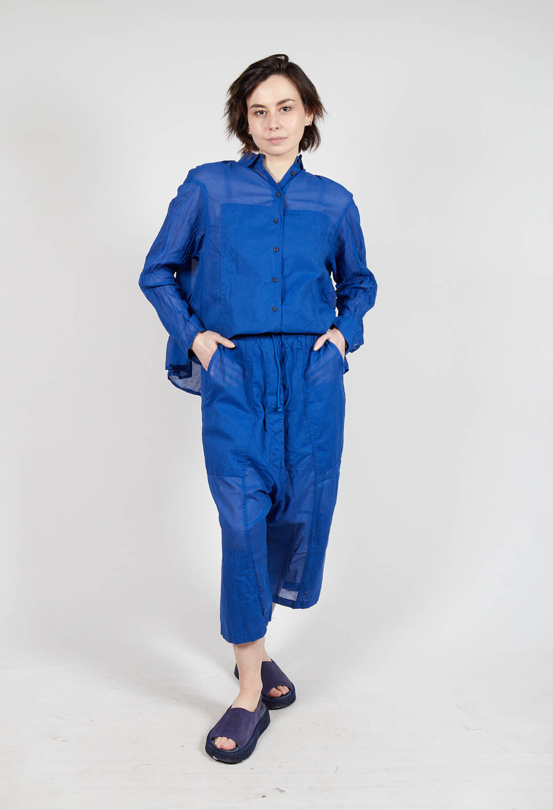 Cropped Sheer Crinkled Trousers in Royal Paper