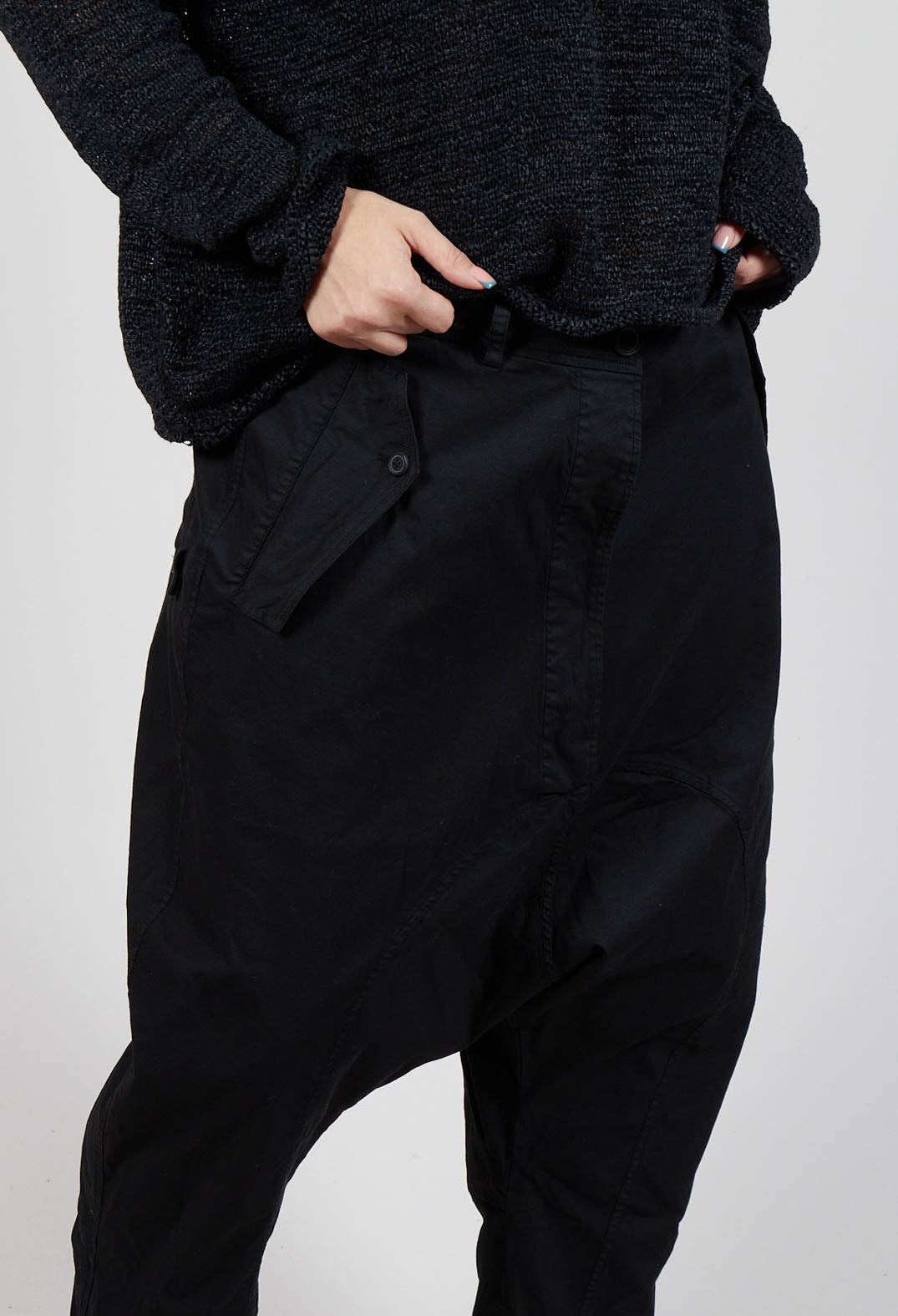 Drop-Crotch Cotton Trousers with Belt Loops in Black