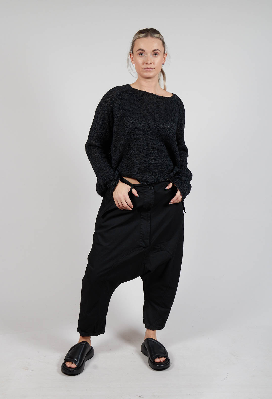 Drop-Crotch Cotton Trousers with Belt Loops in Black