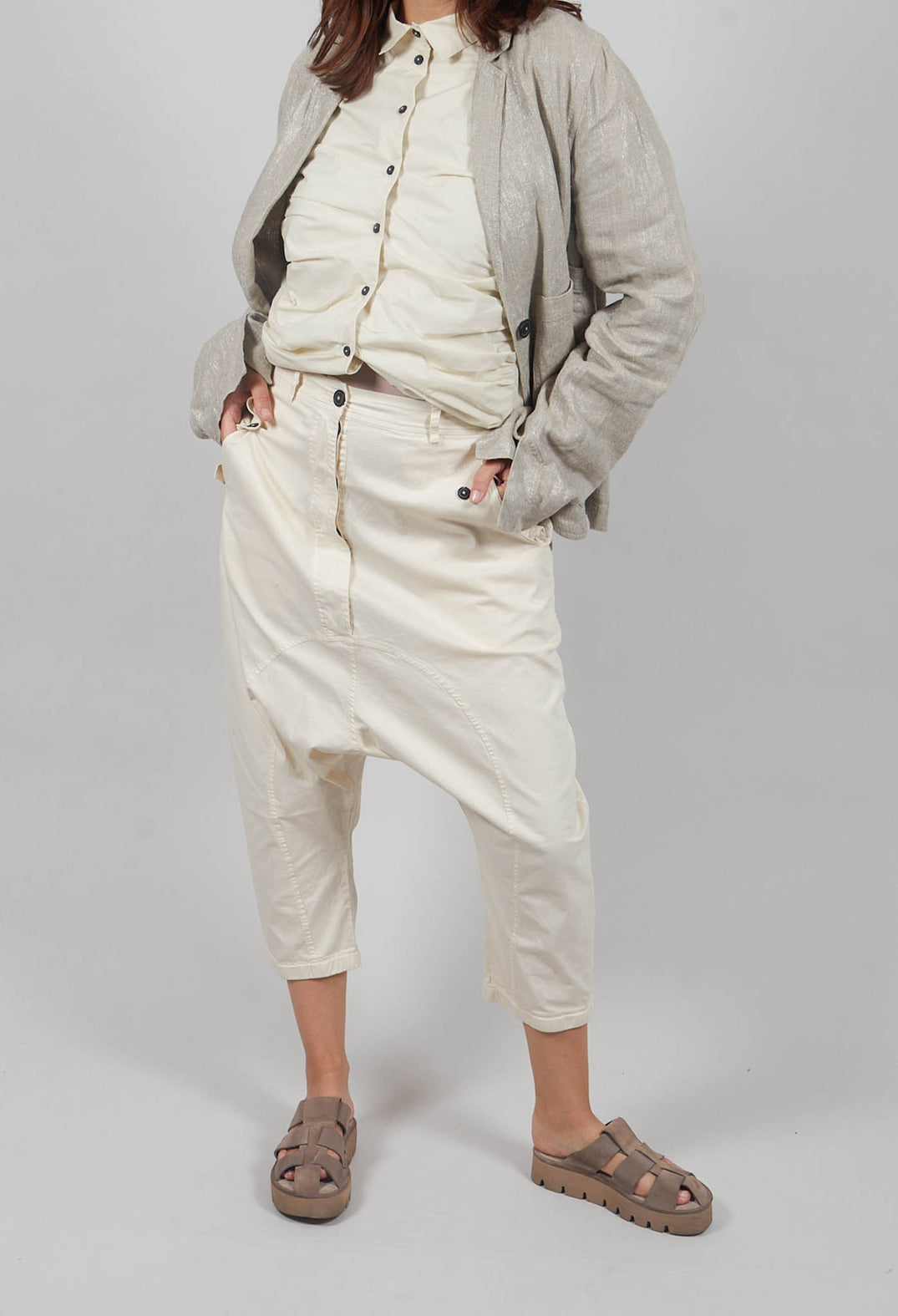 Drop-Crotch Cotton Trousers with Belt Loops in Greige
