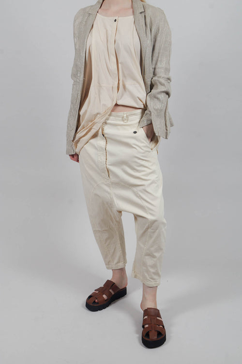 Drop-Crotch Cotton Trousers with Belt Loops in Greige