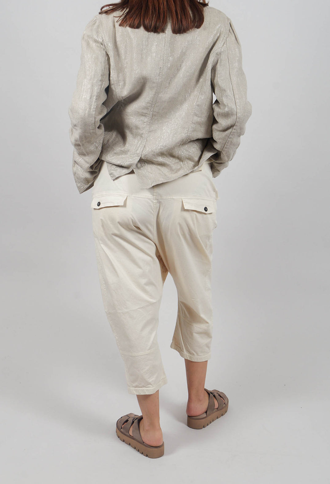 Drop-Crotch Cotton Trousers with Belt Loops in Greige