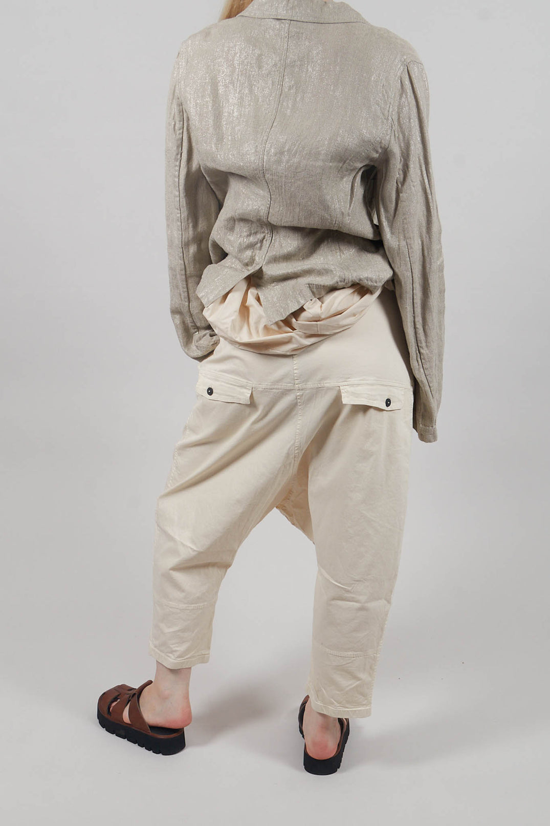 Drop-Crotch Cotton Trousers with Belt Loops in Greige