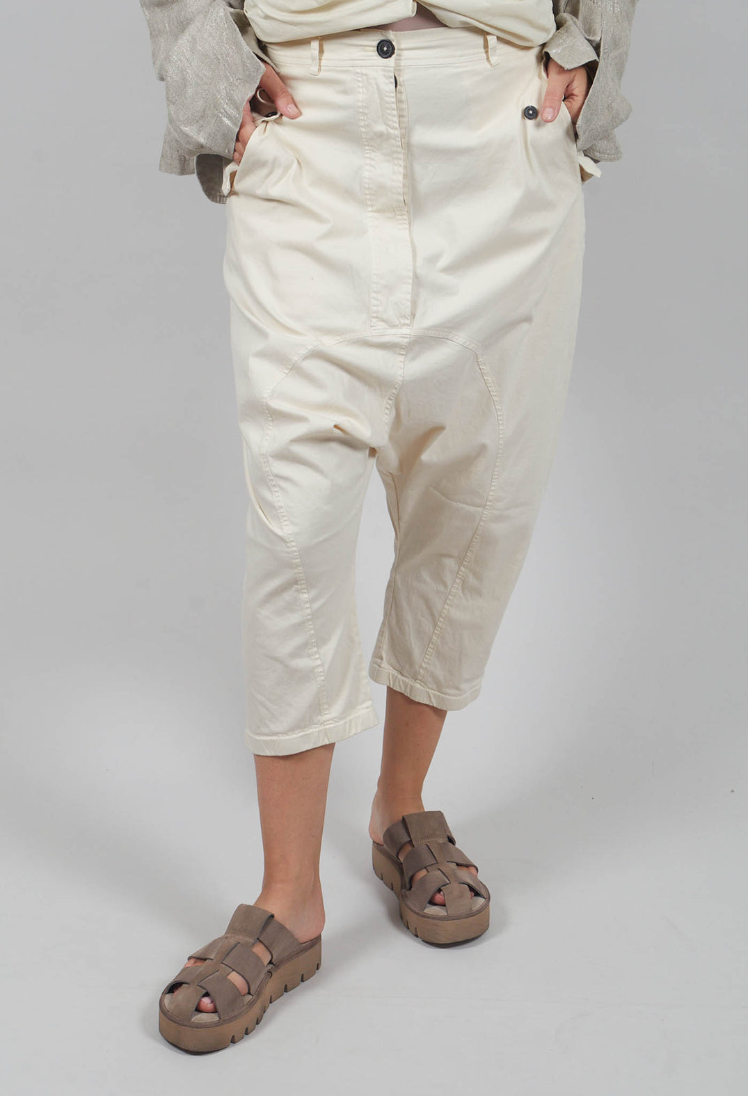 Drop-Crotch Cotton Trousers with Belt Loops in Greige