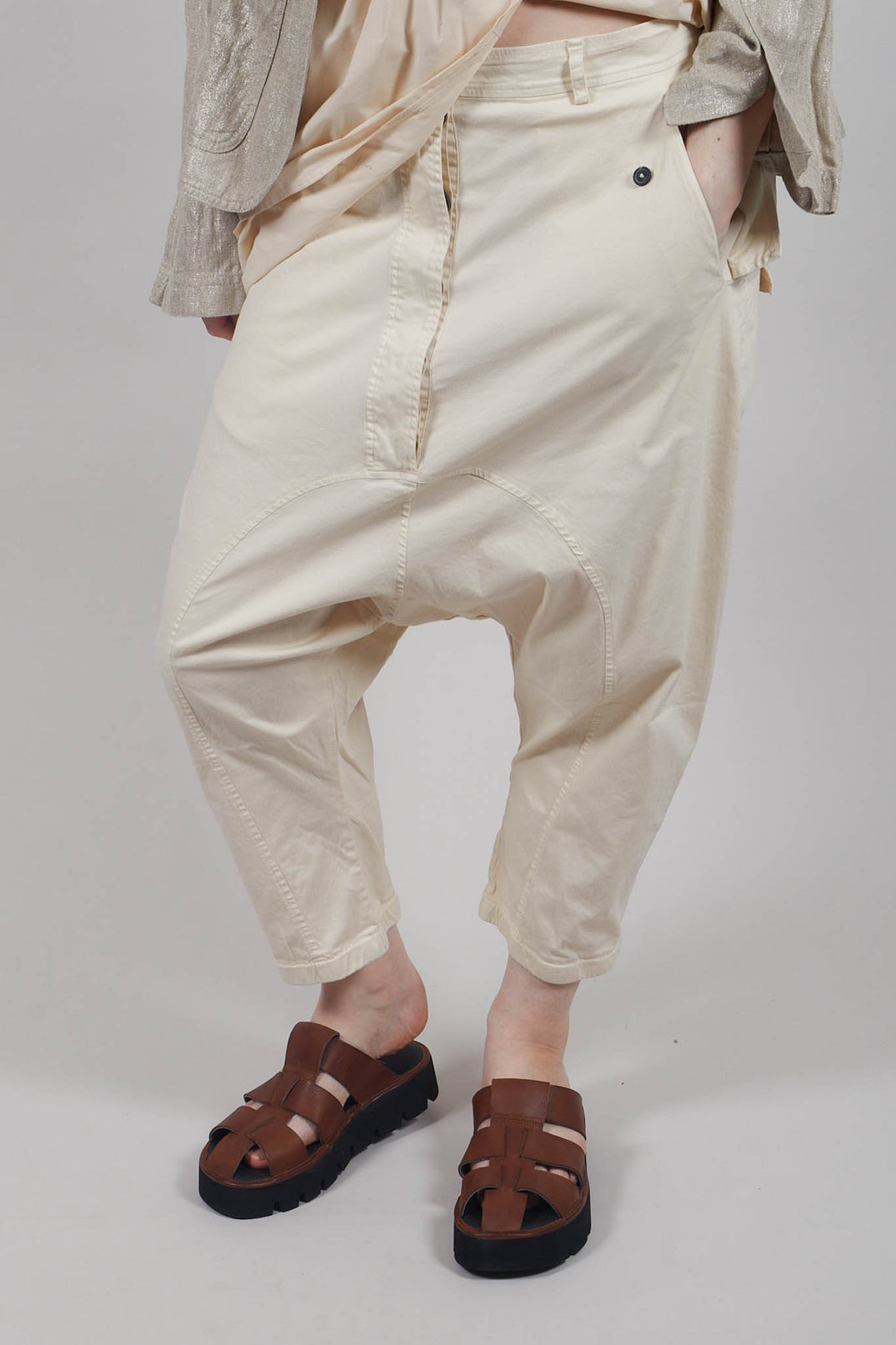 Drop-Crotch Cotton Trousers with Belt Loops in Greige