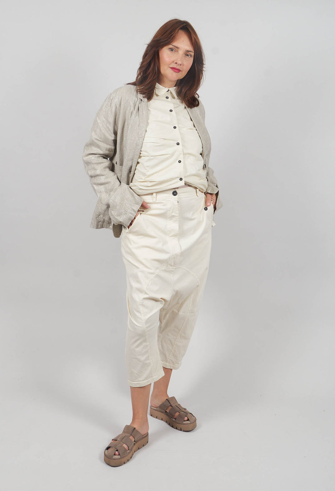 Drop-Crotch Cotton Trousers with Belt Loops in Greige