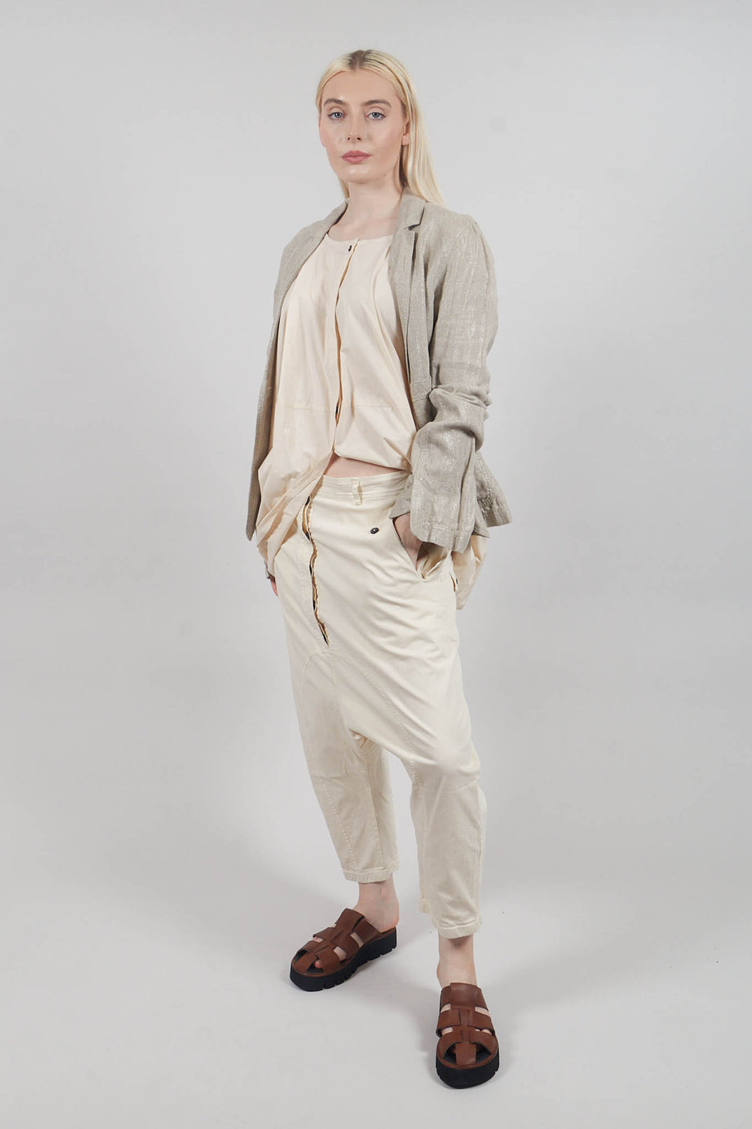 Drop-Crotch Cotton Trousers with Belt Loops in Greige