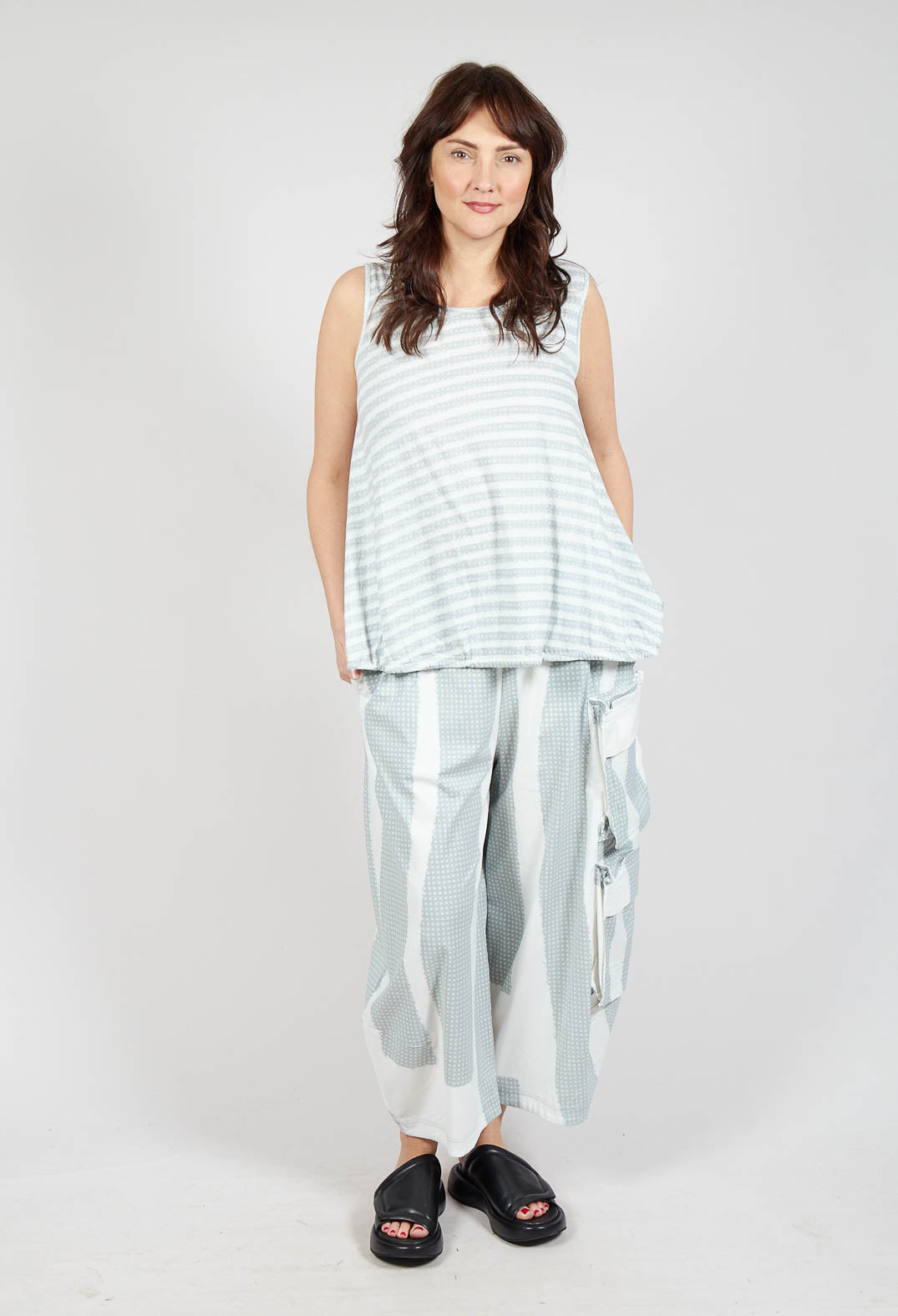 Vest Top with Drawstring Hem in Grey Print