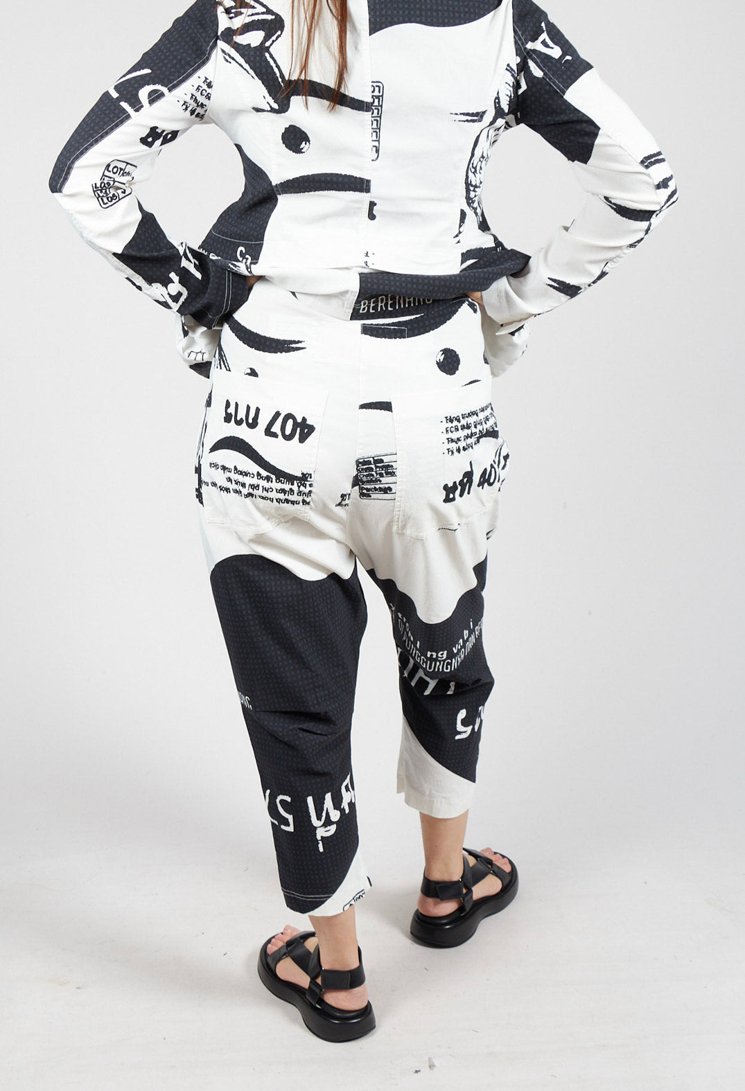 Pull On Drop Crotch Trousers in Black Print