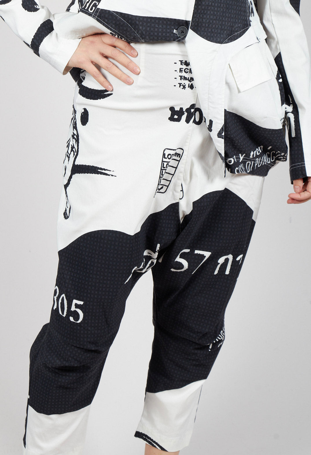 Pull On Drop Crotch Trousers in Black Print