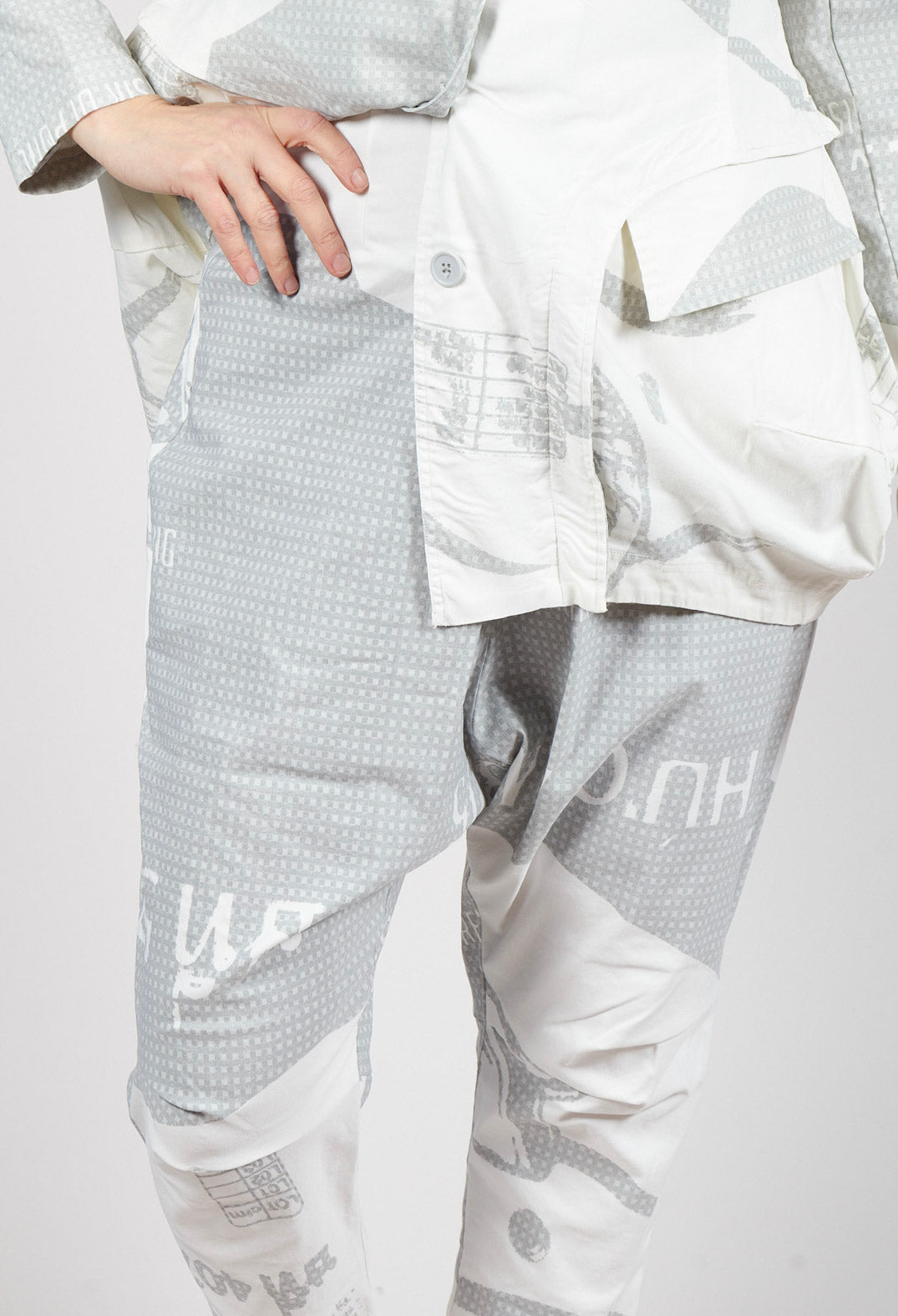 Pull On Drop Crotch Trousers in Grey Print