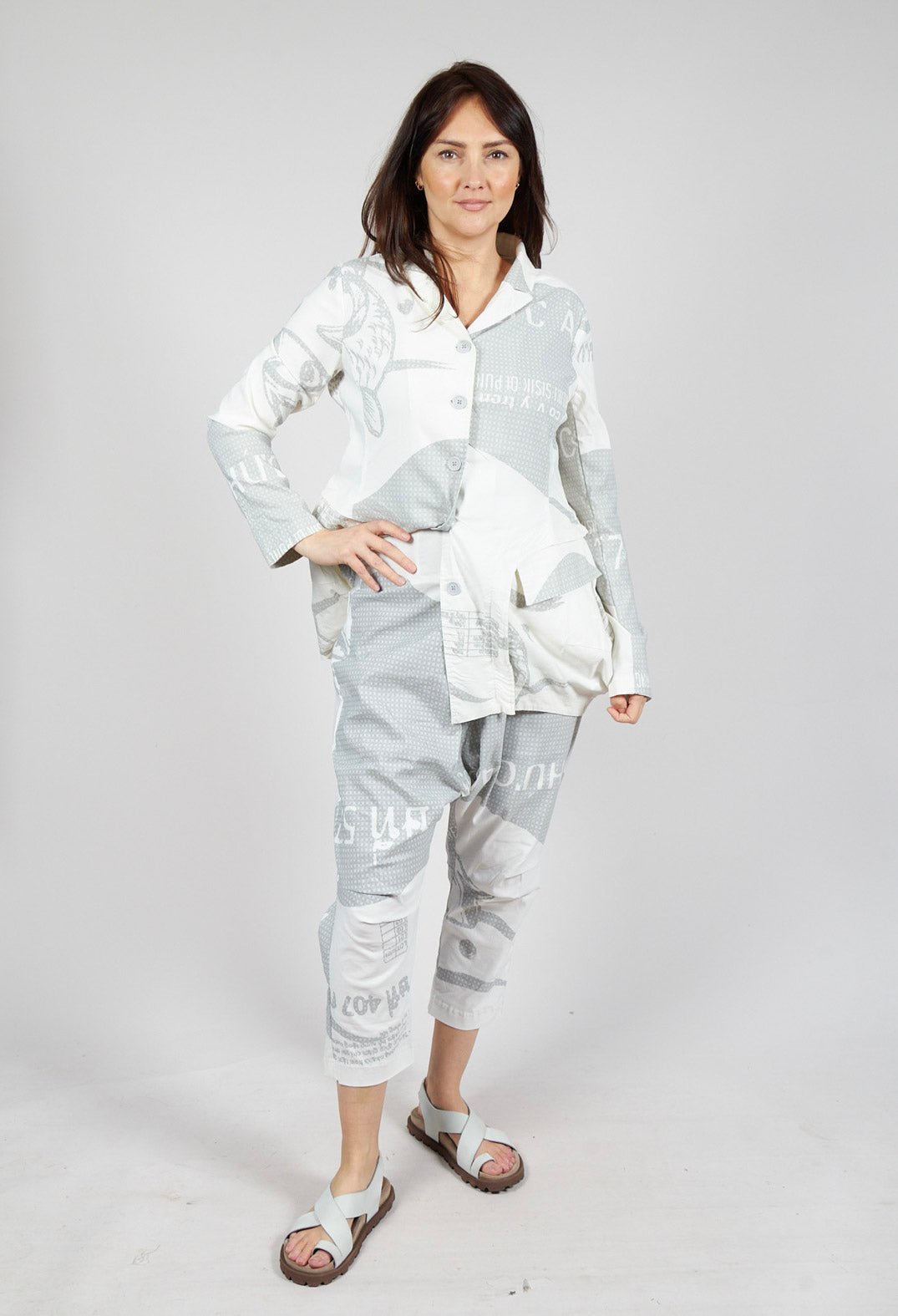 Pull On Drop Crotch Trousers in Grey Print