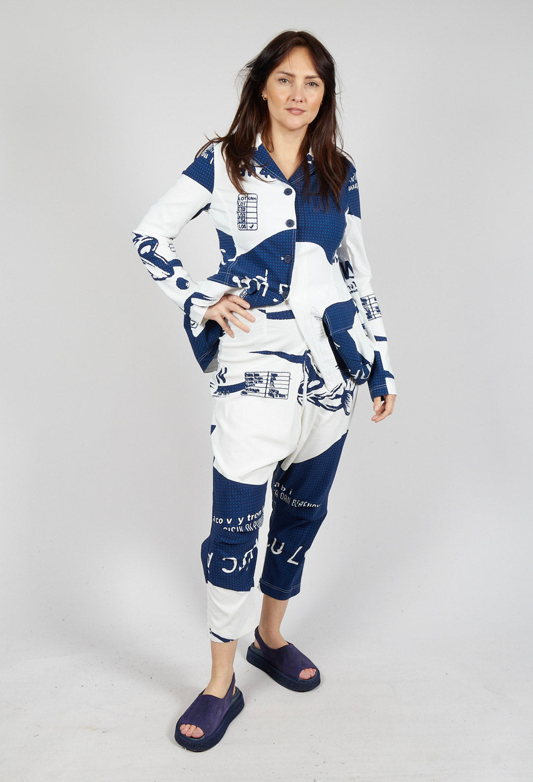 Pull On Drop Crotch Trousers in Navy Print
