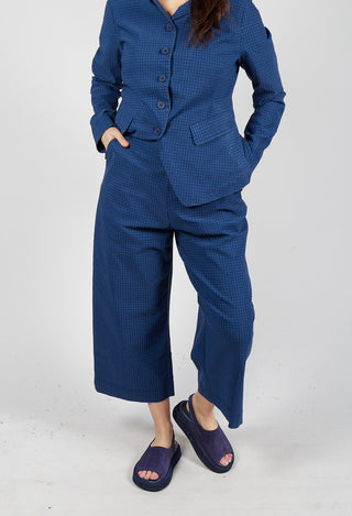 Cropped Pull On Wide Leg Trousers in Navy Check