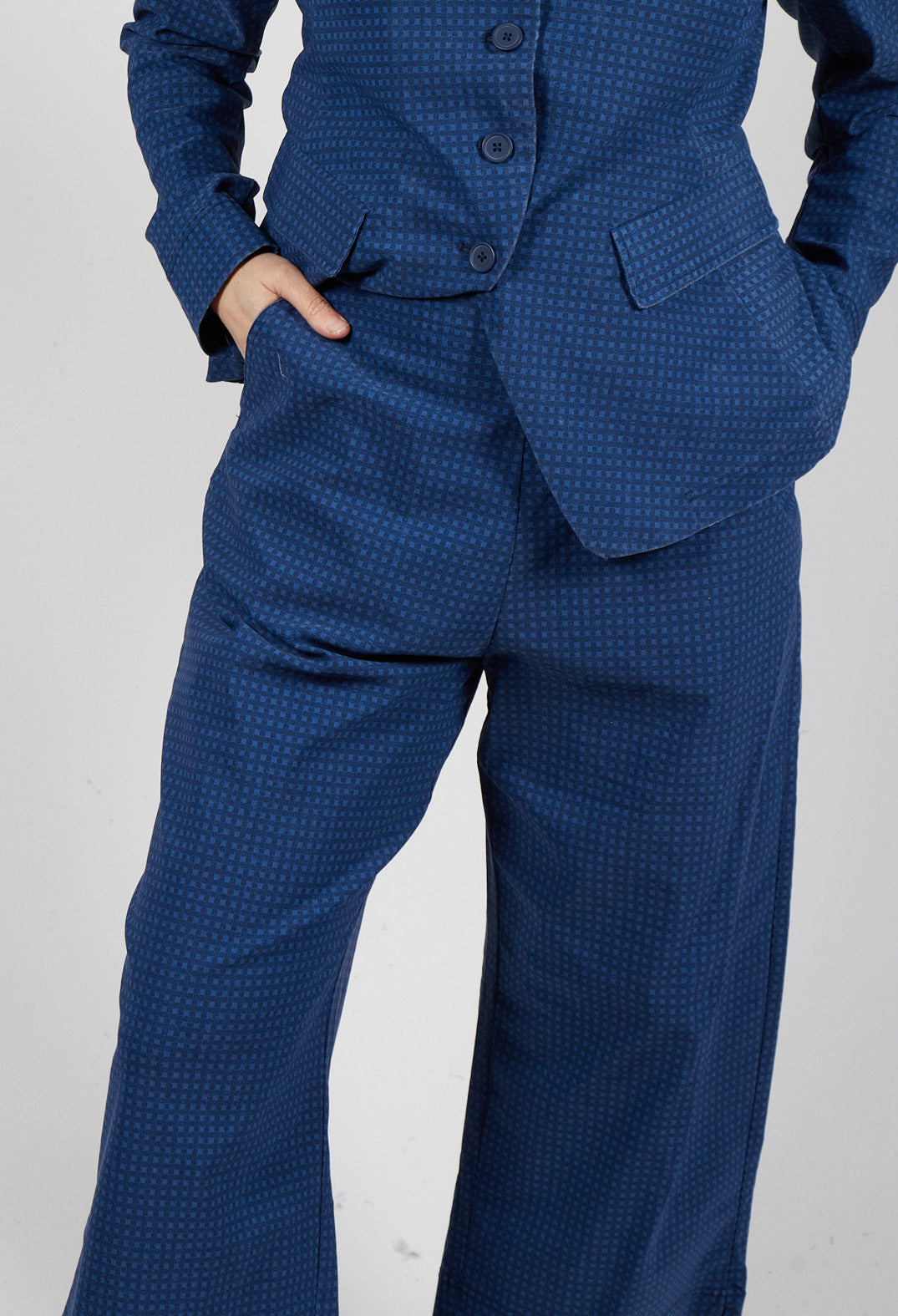 Cropped Pull On Wide Leg Trousers in Navy Check
