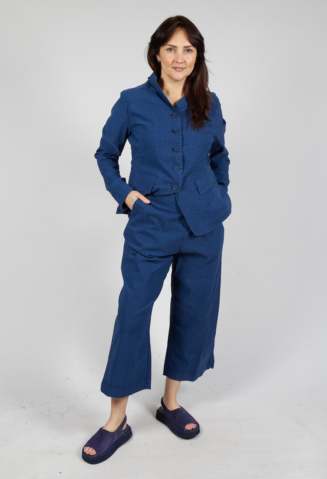 Cropped Pull On Wide Leg Trousers in Navy Check
