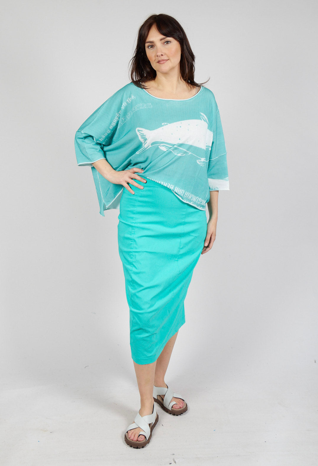 Pull On Curved Hem Pencil Skirt in Aqua