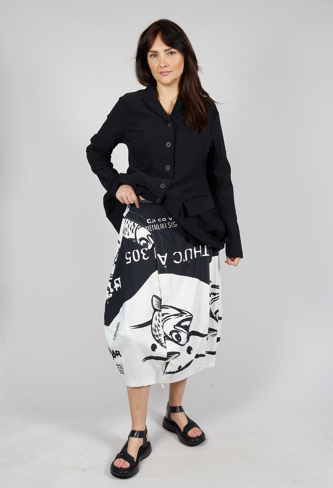 Tulip Skirt with Front Panel in Black Print