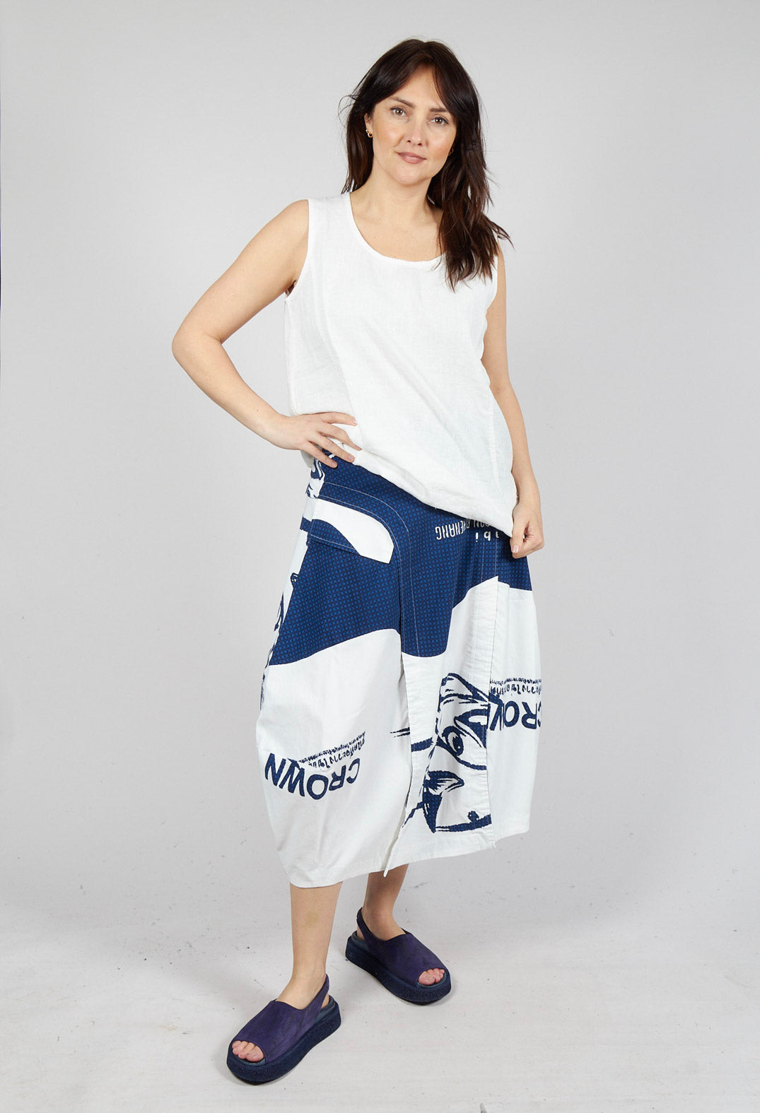 Tulip Skirt with Front Panel in Navy Print