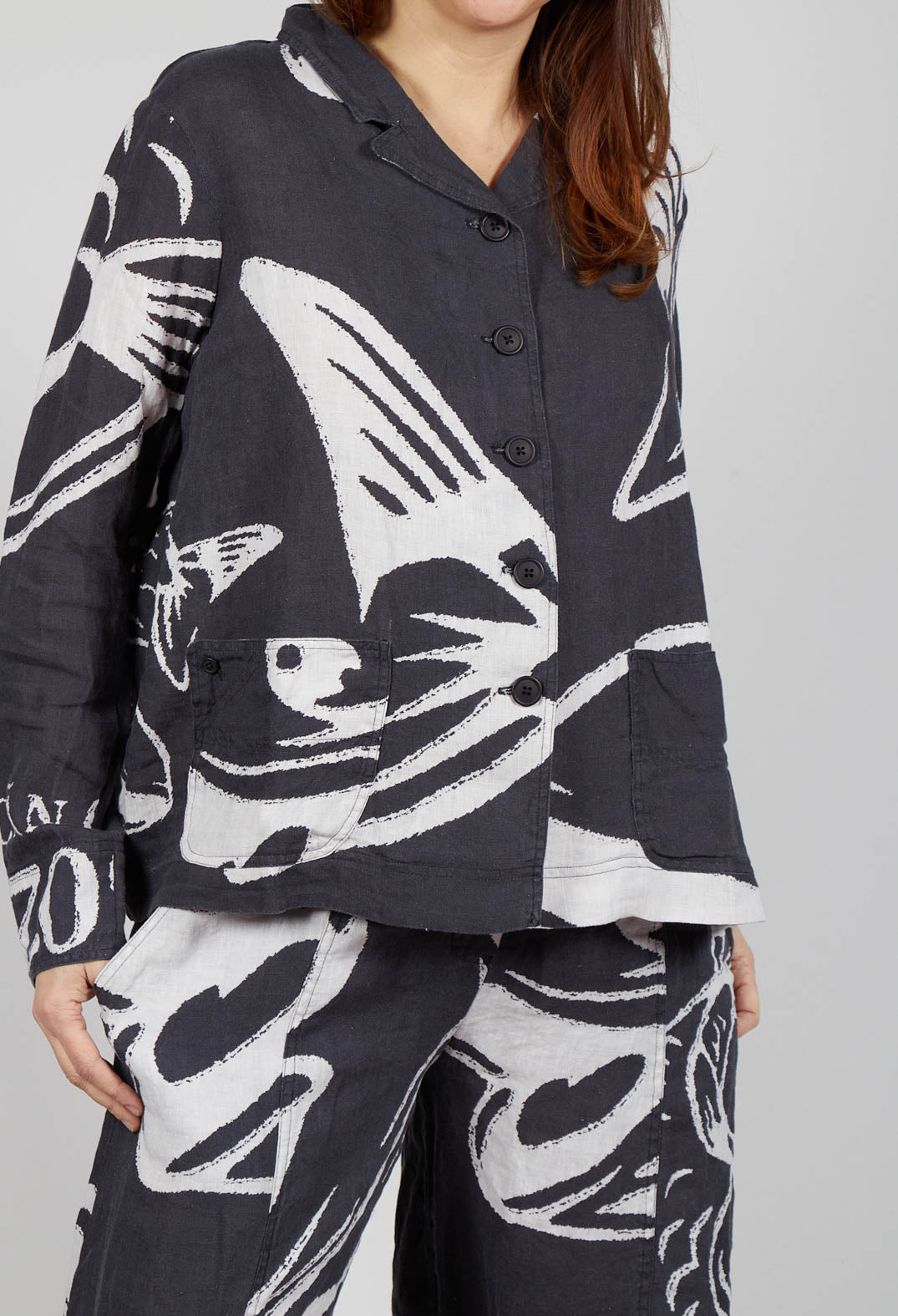 Boxy Linen Jacket in Black Print