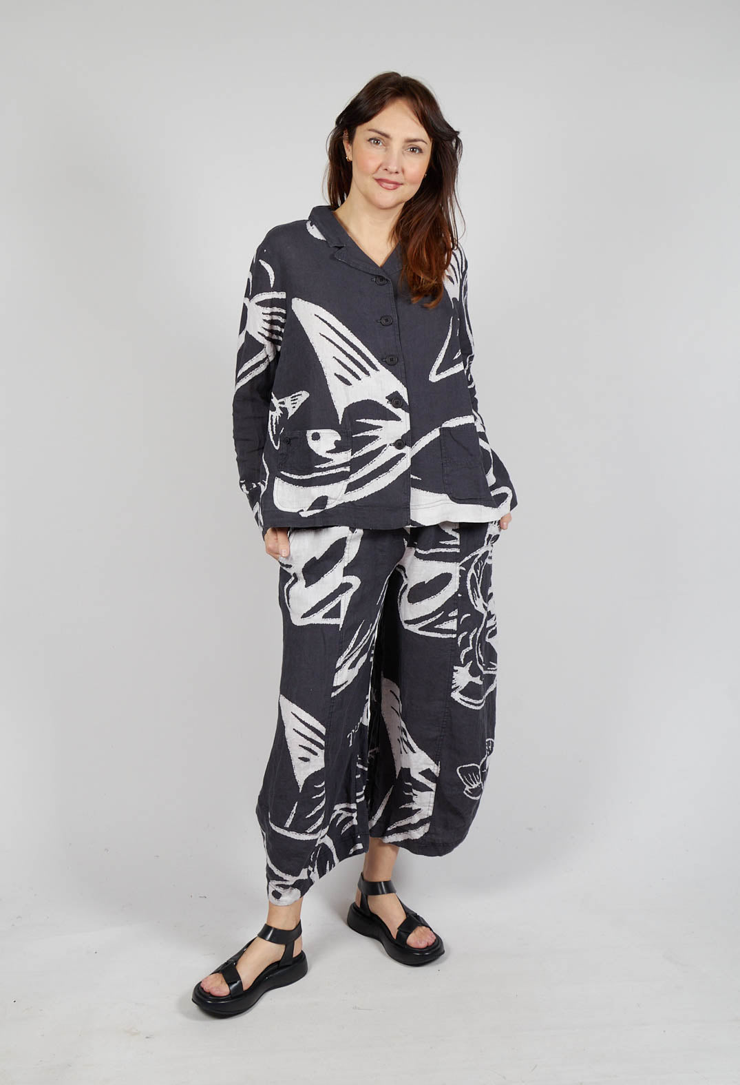 Boxy Linen Jacket in Black Print