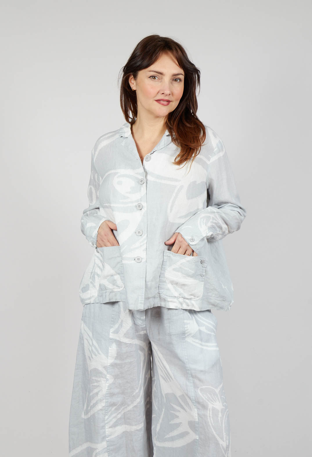 Boxy Linen Jacket in Grey Print