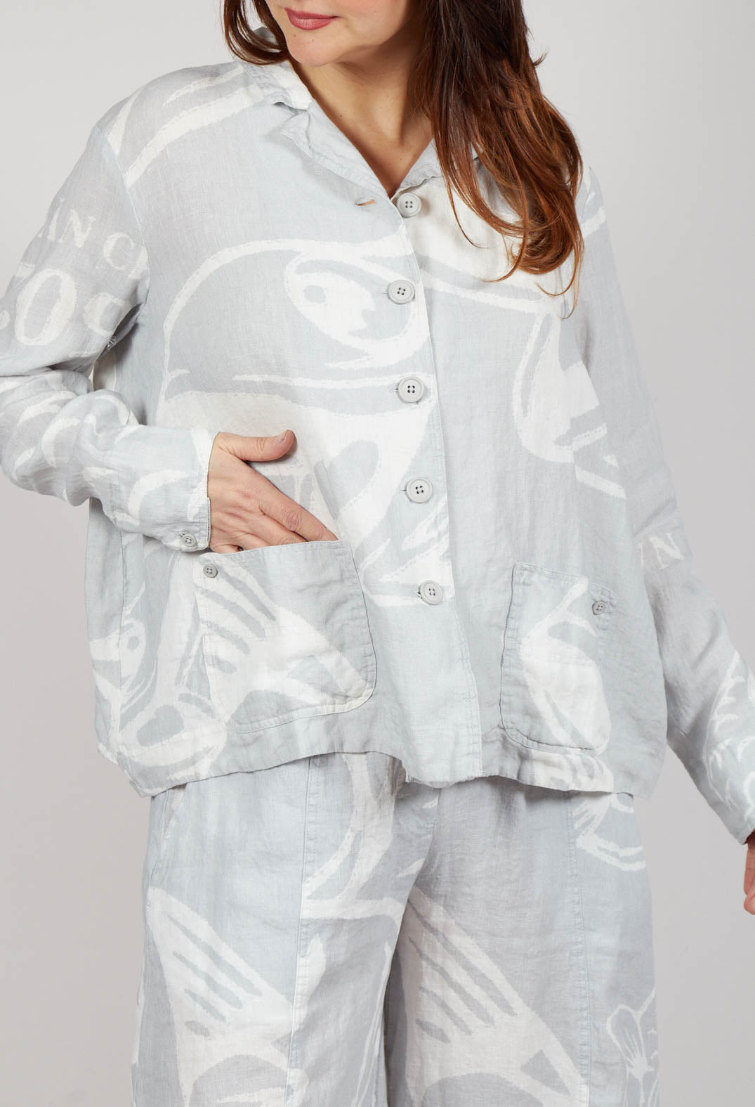 Boxy Linen Jacket in Grey Print