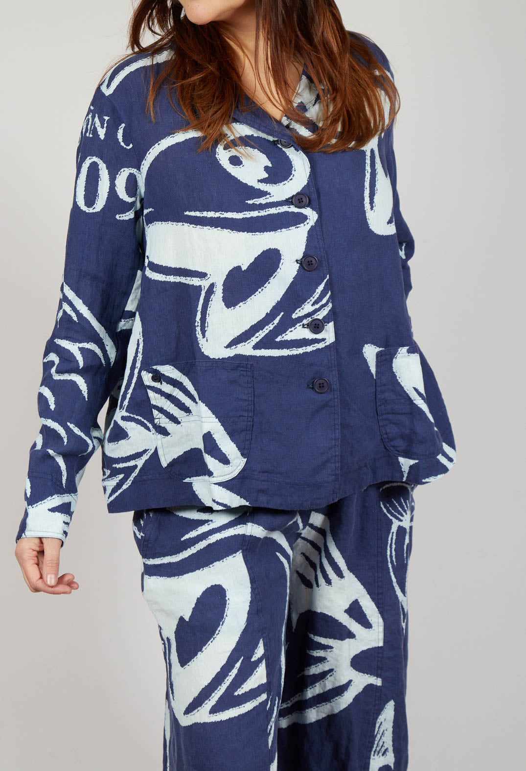 Boxy Linen Jacket in Navy Print