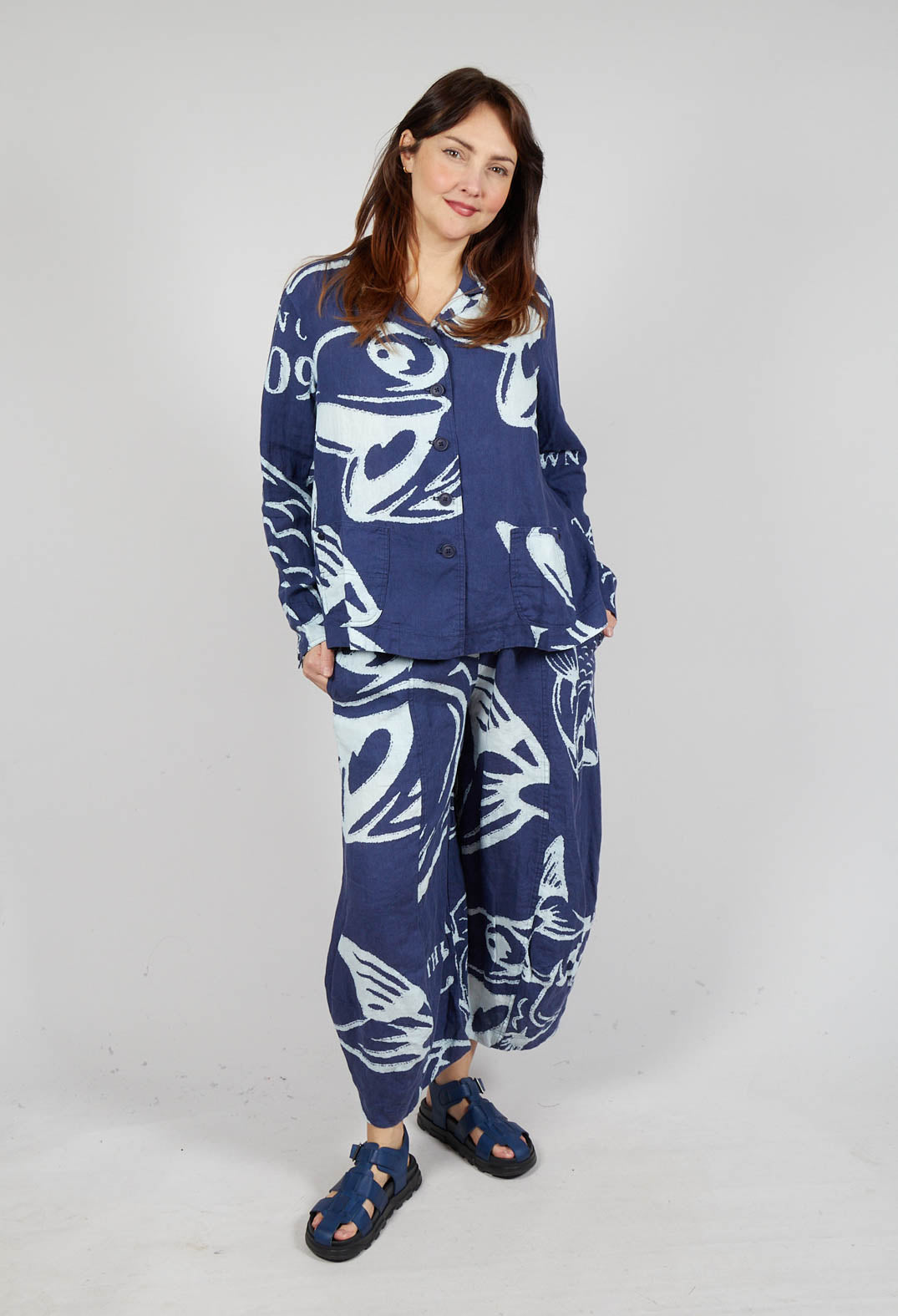 Boxy Linen Jacket in Navy Print