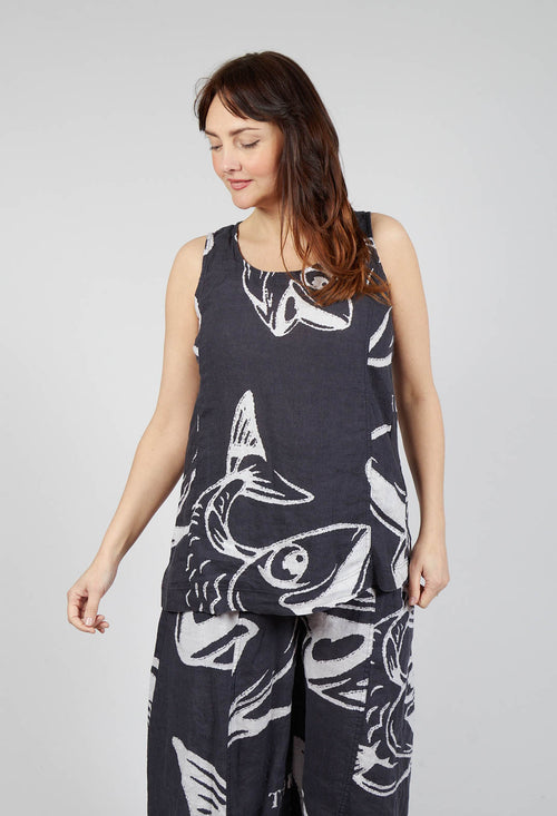 Linen Vest Top in Black Print