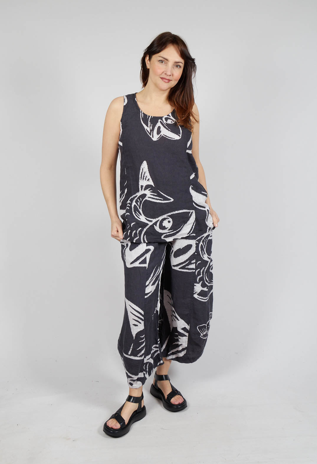 Linen Vest Top in Black Print