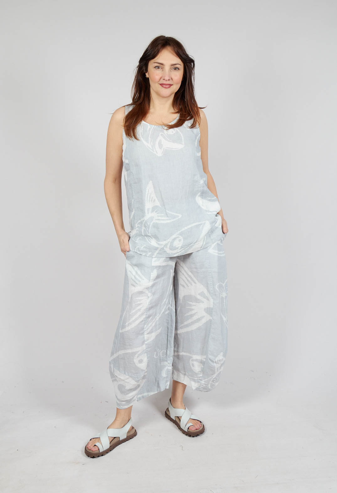 Linen Vest Top in Grey Print