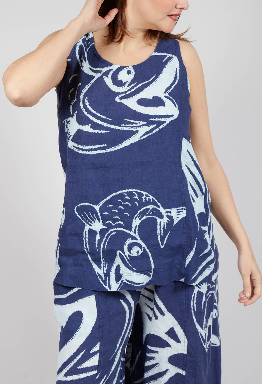 Linen Vest Top in Navy Print