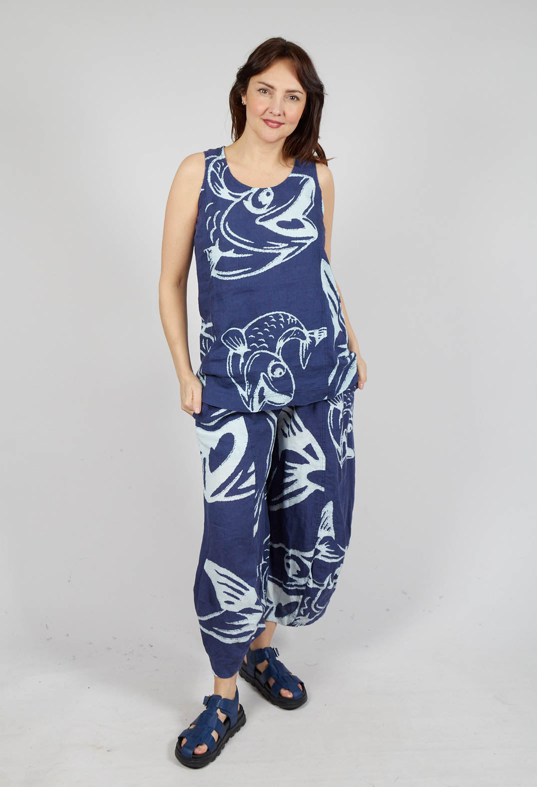 Linen Vest Top in Navy Print