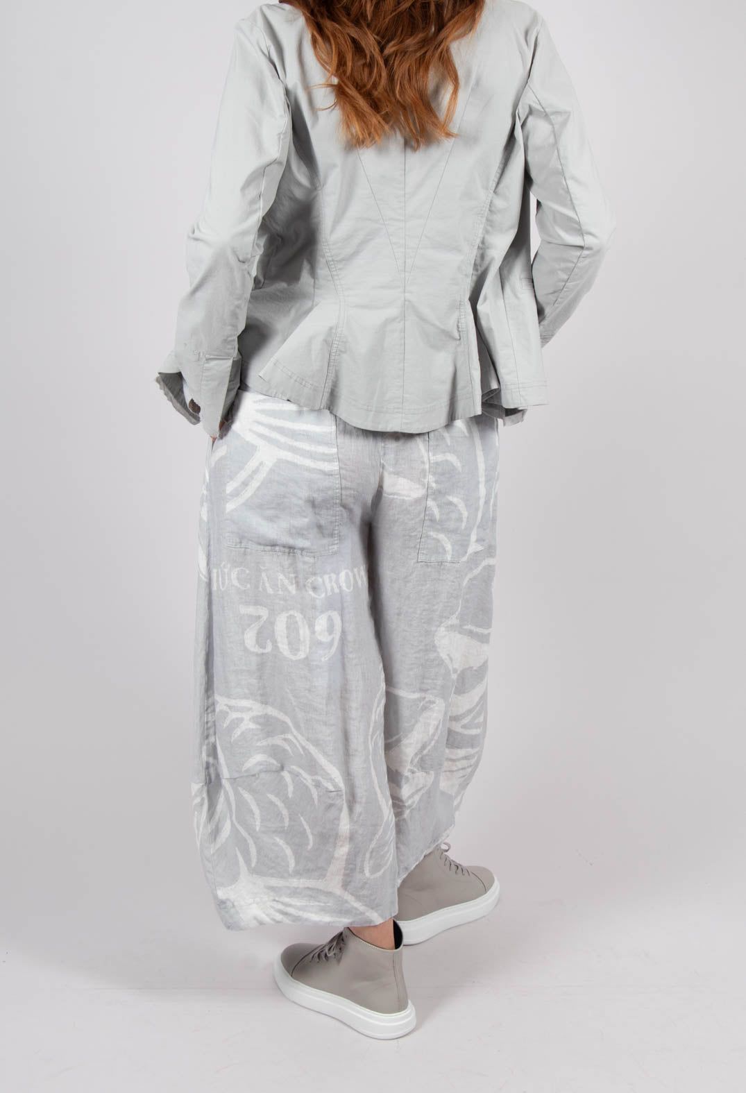Linen Balloon Trousers in Grey Print