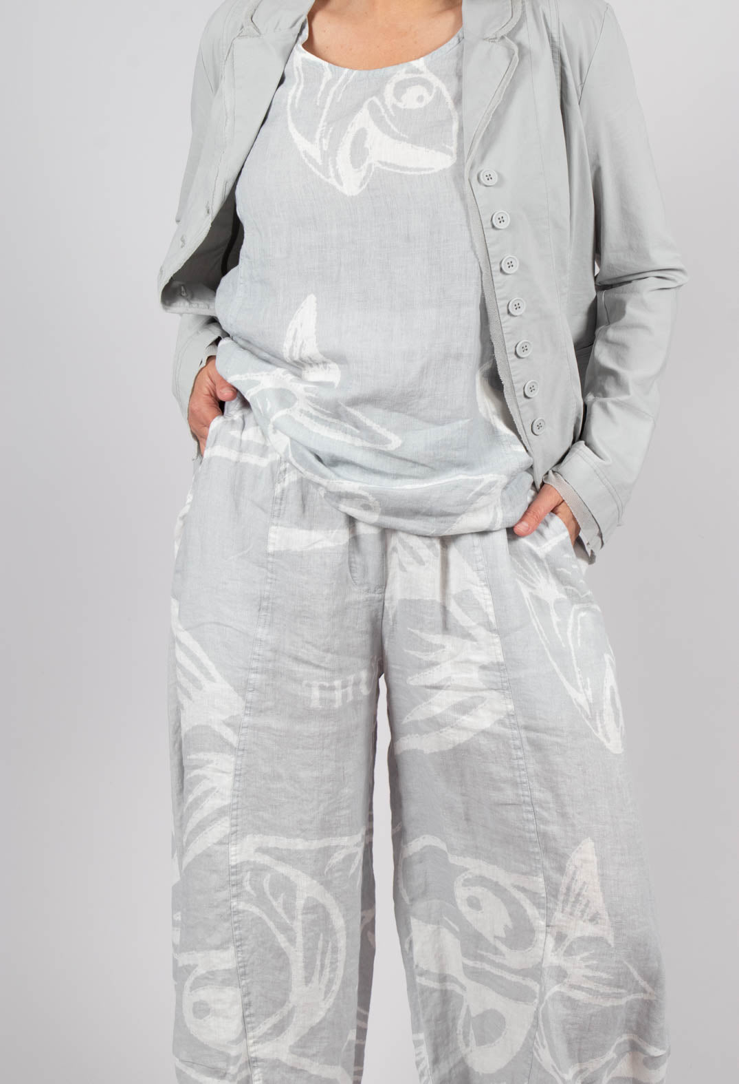 Linen Balloon Trousers in Grey Print
