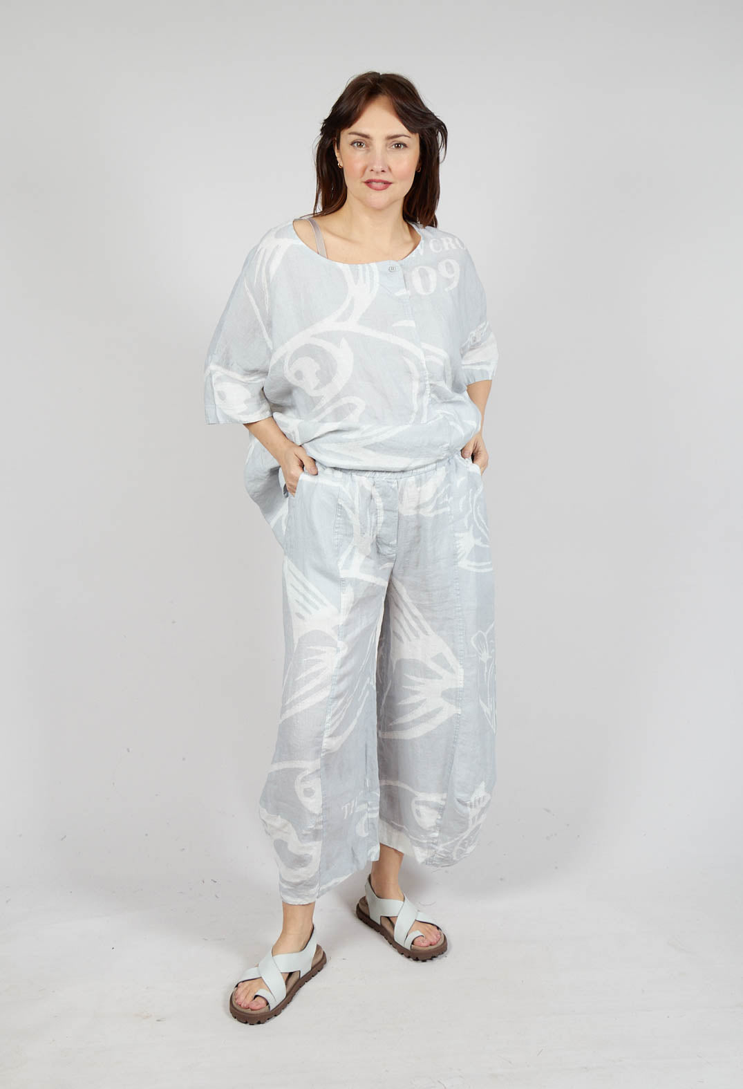 Linen Balloon Trousers in Grey Print
