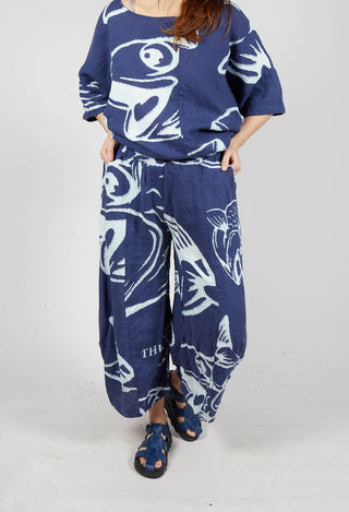 Linen Balloon Trousers in Navy Print