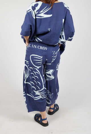 Linen Balloon Trousers in Navy Print