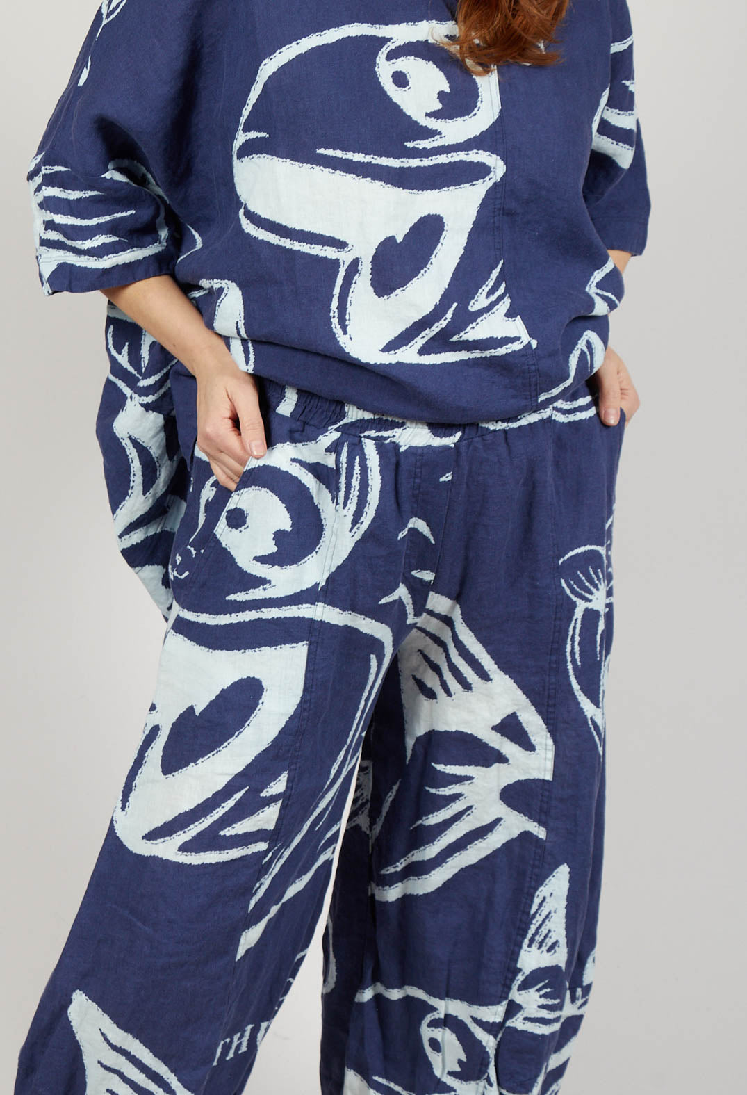 Linen Balloon Trousers in Navy Print