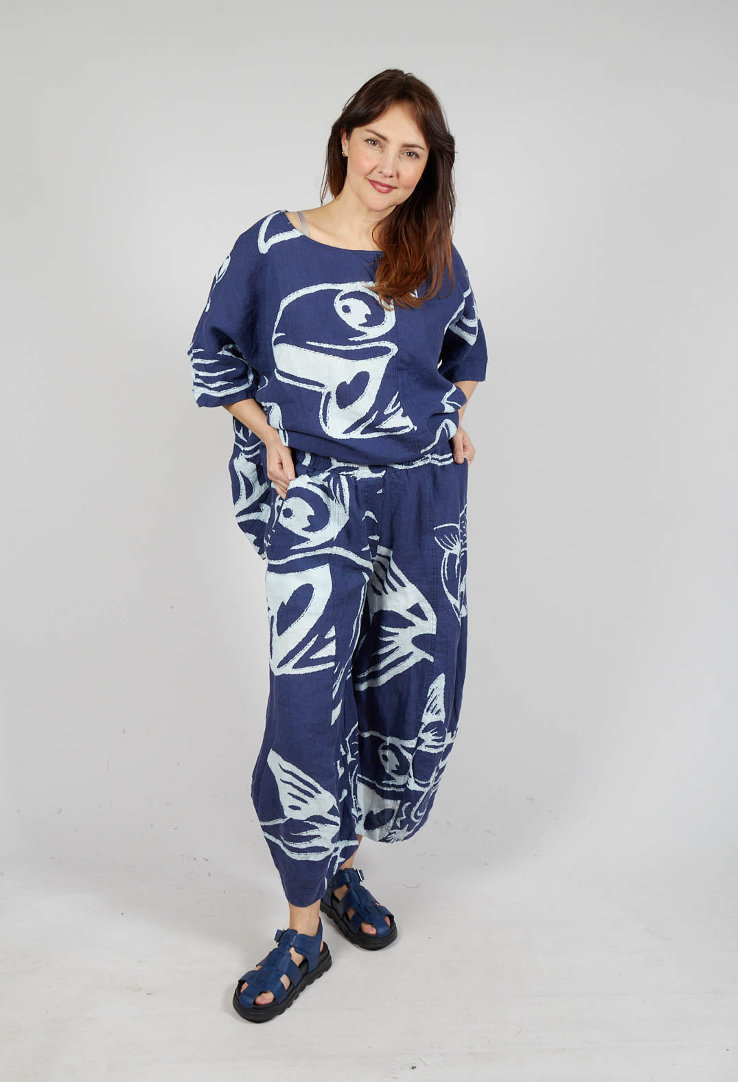 Linen Balloon Trousers in Navy Print