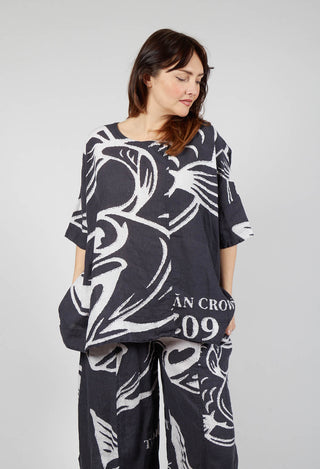 Linen Oversized Top in Black Print