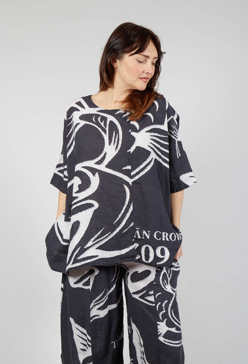 Linen Oversized Top in Black Print